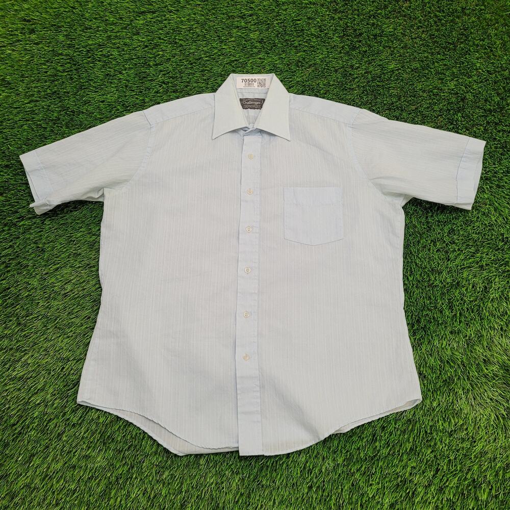 Vintage 70s Challenger Textured Polyester Stripes Button Shirt Large Light Blue